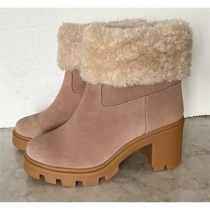 Splendid Suede Tan & Faux Fur Lug Heel Boots 6.5 NWT